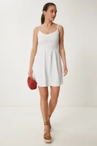 Happiness İstanbul Women's Ecru Strappy Flexible Summer Mini Knitted Dress - Image 3