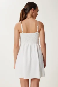 Happiness İstanbul Women's Ecru Strappy Flexible Summer Mini Knitted Dress - Image 4