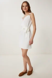 Happiness İstanbul Women's Ecru Strappy Summer Mini Ayrobin Dress - Image 2