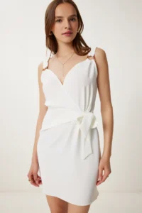 Happiness İstanbul Women's Ecru Strappy Summer Mini Ayrobin Dress - Image 3