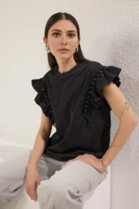 TRENDYOLMİLLA Anthracite Thick Cotton relaxed/Rahat Pattern Washable Troklu Knitting T-Shirt - Image 2
