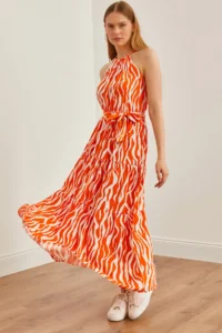 Olalook Women's Zebra Orange White Halter Collar Belted Woven Viscon Dress