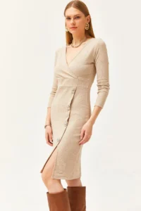Olalook Women's Stone Double Breasted Collar Slit Button Detailed Raised Dress - Image 4