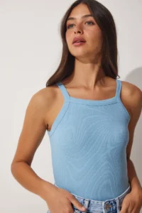Happiness İstanbul Women's Sky Blue Ribbed Crop Halter Neck Knitted Undershirt - Image 2