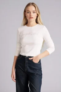 DeFacto Fitted Crew Neck Embroidery Print Printed Ribbed Long Sleeve T-Shirt