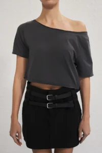 TRENDYOLMİLLA Anthracite-Burgundy 2 Sets Package 100% Cotton Asymmetric Boat Neck Crop Knitting T-Shirt - Image 3