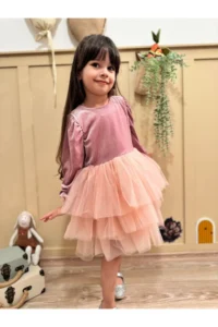 penu baby kids Powder Velvet Fabric Skirt Layered Baby Girl Dress - Image 2