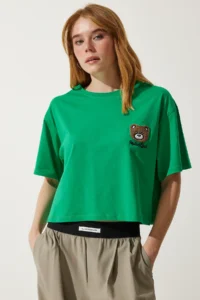 Happiness İstanbul Women's Green Teddy Bear Crest Crop Knitted T-Shirt - Image 3