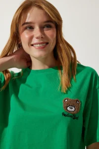 Happiness İstanbul Women's Green Teddy Bear Crest Crop Knitted T-Shirt - Image 4