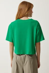 Happiness İstanbul Women's Green Teddy Bear Crest Crop Knitted T-Shirt - Image 6