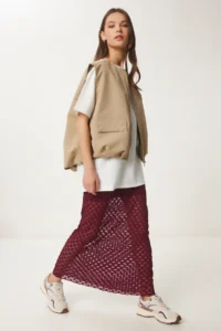 Happiness İstanbul Women's Burgundy Lined Summer Long Lace Skirt