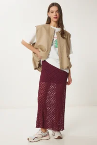 Happiness İstanbul Women's Burgundy Lined Summer Long Lace Skirt - Image 2