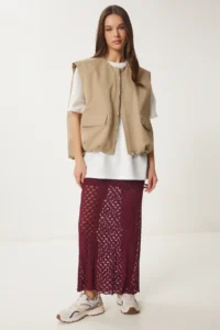 Happiness İstanbul Women's Burgundy Lined Summer Long Lace Skirt - Image 3
