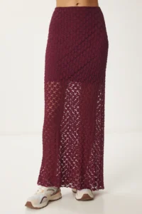 Happiness İstanbul Women's Burgundy Lined Summer Long Lace Skirt - Image 4