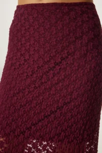 Happiness İstanbul Women's Burgundy Lined Summer Long Lace Skirt - Image 5