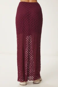 Happiness İstanbul Women's Burgundy Lined Summer Long Lace Skirt - Image 6