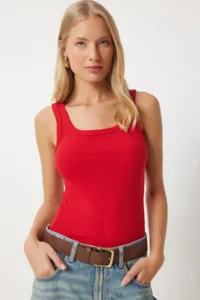 Happiness İstanbul Women's Red Ribbed Thick Strap Knitted Undershirt - Image 2