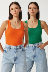 Happiness İstanbul Women's Green Orange 2-Piece Ribbed Thick Strap Knitted Undershirt