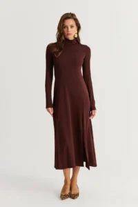 Cool & Sexy Women Brown Turtleneck Midi Dress - Image 2