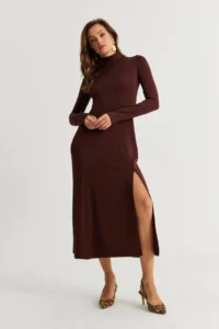 Cool & Sexy Women Brown Turtleneck Midi Dress - Image 3