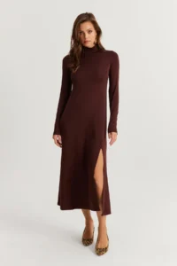 Cool & Sexy Women Brown Turtleneck Midi Dress - Image 4