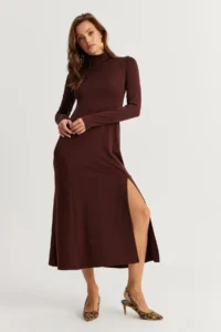 Cool & Sexy Women Brown Turtleneck Midi Dress - Image 5