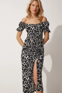 Happiness İstanbul Women's Vivid Black Gathered Saran Summer Knitted Dress