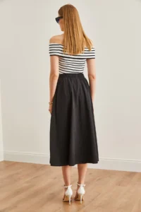 Olalook Women's Black Pocketed Elastic Waist Midi Woven Bell Skirt - Image 6