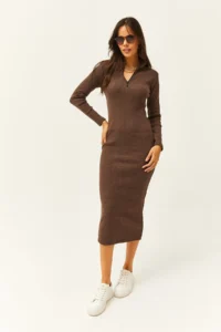 Olalook Women's Bitter Brown Zippered Stand-Up Collar Long Lycra Dress - Image 5