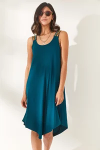 Olalook Women's Petrol Green Ethnic Strappy Asymmetrical Dress - Image 4