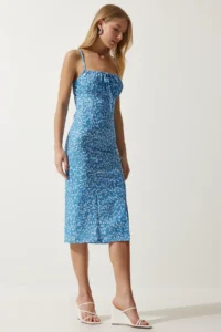 Happiness İstanbul Women's Vivid Light Blue Floral Slit Summer Knitted Dress CI00029 - Image 3