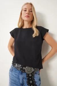 Happiness İstanbul Women Black Basic Knitting T-Shirt