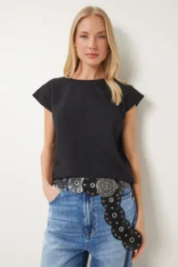 Happiness İstanbul Women Black Basic Knitting T-Shirt - Image 2