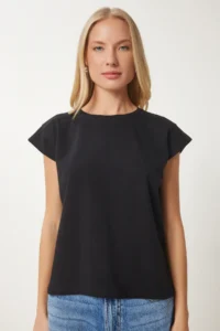 Happiness İstanbul Women Black Basic Knitting T-Shirt - Image 3