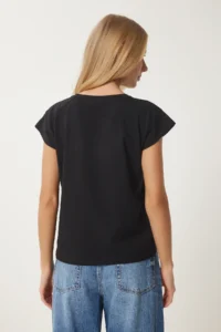 Happiness İstanbul Women Black Basic Knitting T-Shirt - Image 5
