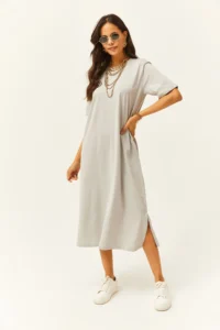 Olalook Women's Yunus Gray Oversize Cotton Dress with Side Slits - Image 4