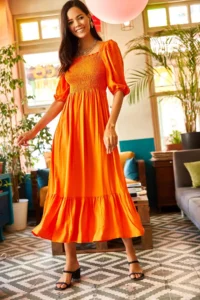 Olalook Women's Orange Glittered Square Collar Bodrum Dress - Image 2