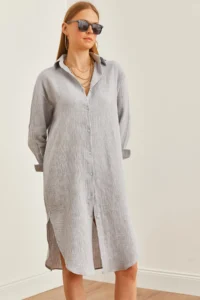 Olalook Women's Gray Muslin Shirt Dress with Oval Side Slits