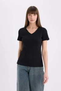 DeFacto Slim Fit Narrow Cut V-Neck Basic Plain Rib Short Sleeve T-Shirt I1080az25sp - Image 3
