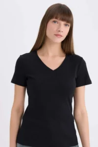 DeFacto Slim Fit Narrow Cut V-Neck Basic Plain Rib Short Sleeve T-Shirt I1080az25sp - Image 4