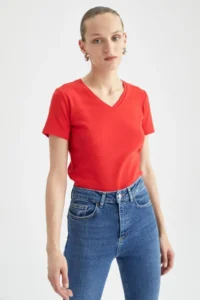 DeFacto Slim Fit Narrow Cut V Neck Ribbed Basic Plain 100% Cotton Short Sleeve T-Shirt I1080az23sm