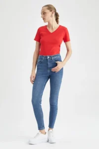 DeFacto Slim Fit Narrow Cut V Neck Ribbed Basic Plain 100% Cotton Short Sleeve T-Shirt I1080az23sm - Image 2