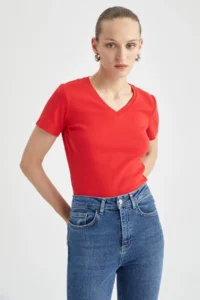 DeFacto Slim Fit Narrow Cut V Neck Ribbed Basic Plain 100% Cotton Short Sleeve T-Shirt I1080az23sm - Image 3