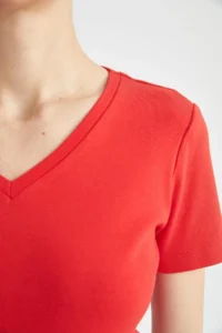 DeFacto Slim Fit Narrow Cut V Neck Ribbed Basic Plain 100% Cotton Short Sleeve T-Shirt I1080az23sm - Image 4