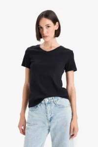 DeFacto Slim Fit Narrow Cut V Neck Ribbed Basic Plain Short Sleeve Black T-Shirt