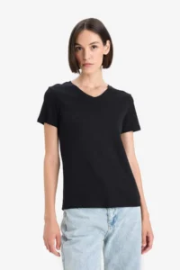 DeFacto Slim Fit Narrow Cut V Neck Ribbed Basic Plain Short Sleeve Black T-Shirt - Image 3