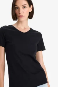 DeFacto Slim Fit Narrow Cut V Neck Ribbed Basic Plain Short Sleeve Black T-Shirt - Image 4