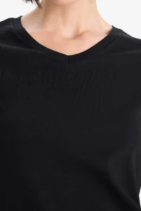 DeFacto Slim Fit Narrow Cut V Neck Ribbed Basic Plain Short Sleeve Black T-Shirt - Image 5