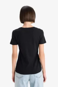 DeFacto Slim Fit Narrow Cut V Neck Ribbed Basic Plain Short Sleeve Black T-Shirt - Image 6
