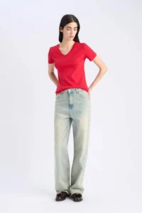 DeFacto Slim Fit Narrow Cut V-Neck Basic Plain Rib Short Sleeve T-Shirt - Image 2